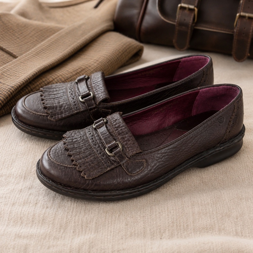 Born Womens dark Chocolate leather Kiltie loafers Burgandy Lining Size 8 Preppy